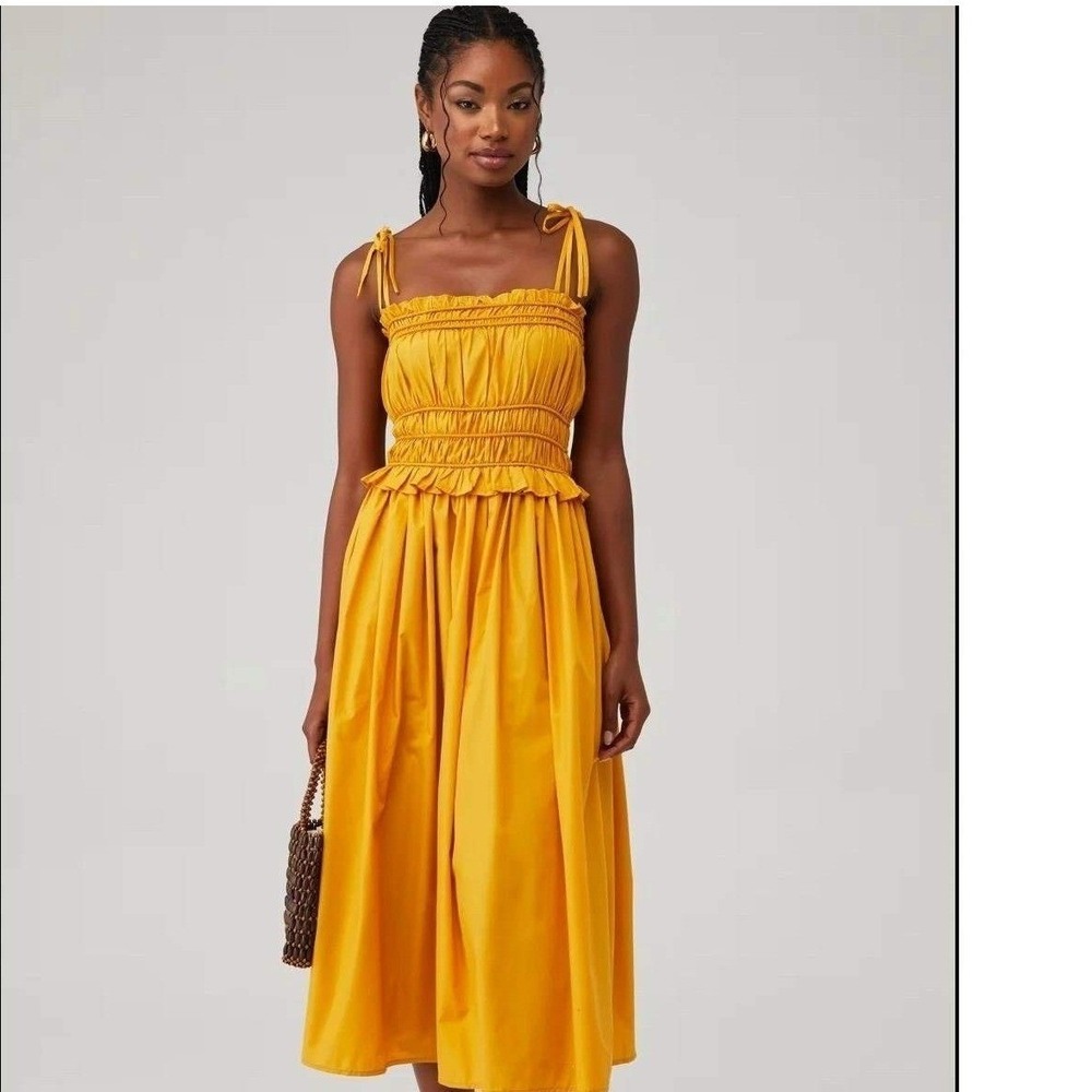 En Saison Haley Midi Dress Ida Small Yellow Smocked Tie Straps Feminine Flatter